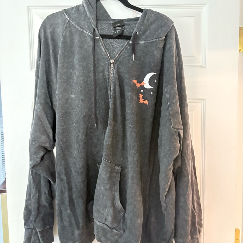 Gray Hoodie with Moon and Bats Design and a spiderweb Minnie Mouse on the back